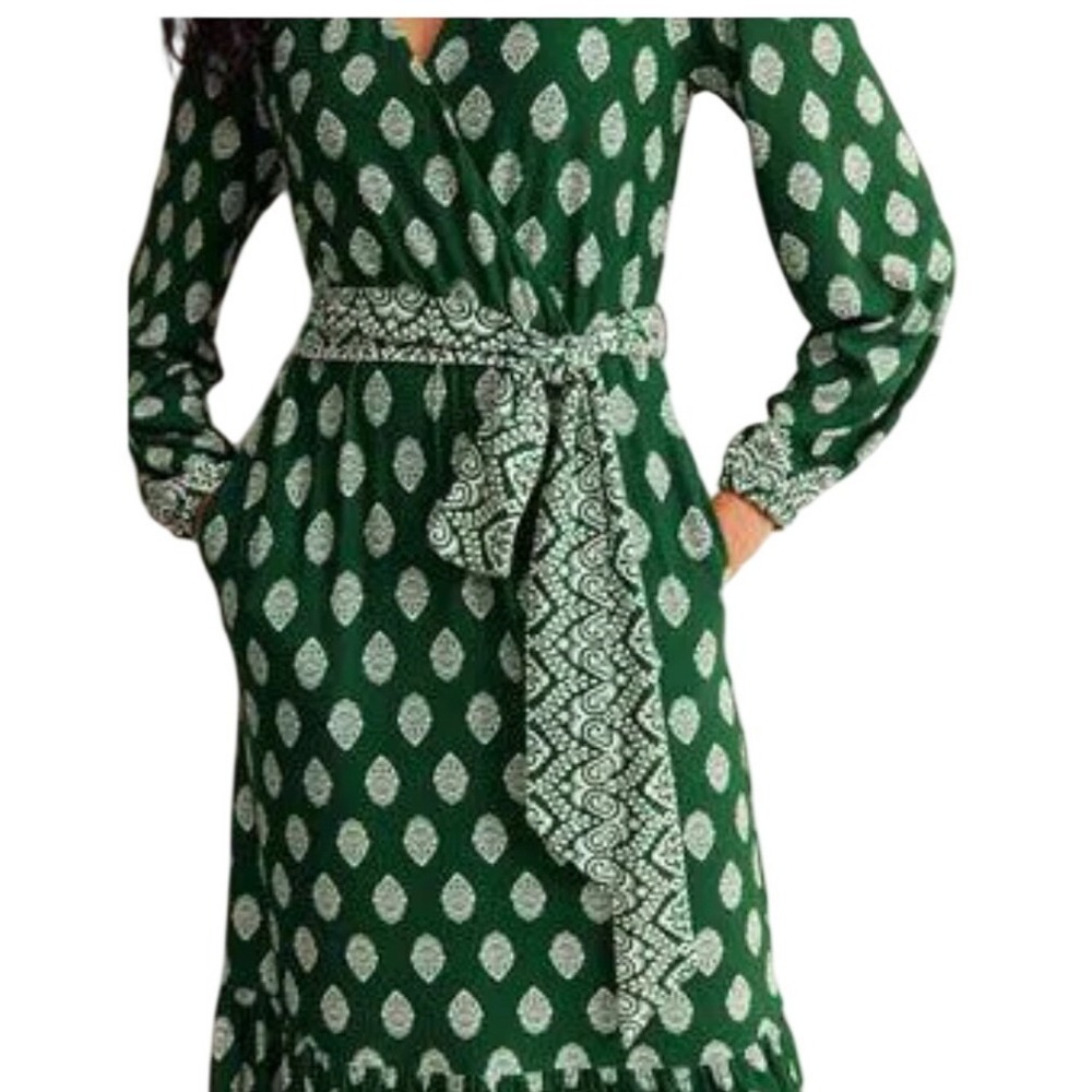 Boden Ophelia Wrap Dress Womens 8 Green  Block Print Jersey Maxi Long Sleeve - Picture 2 of 9